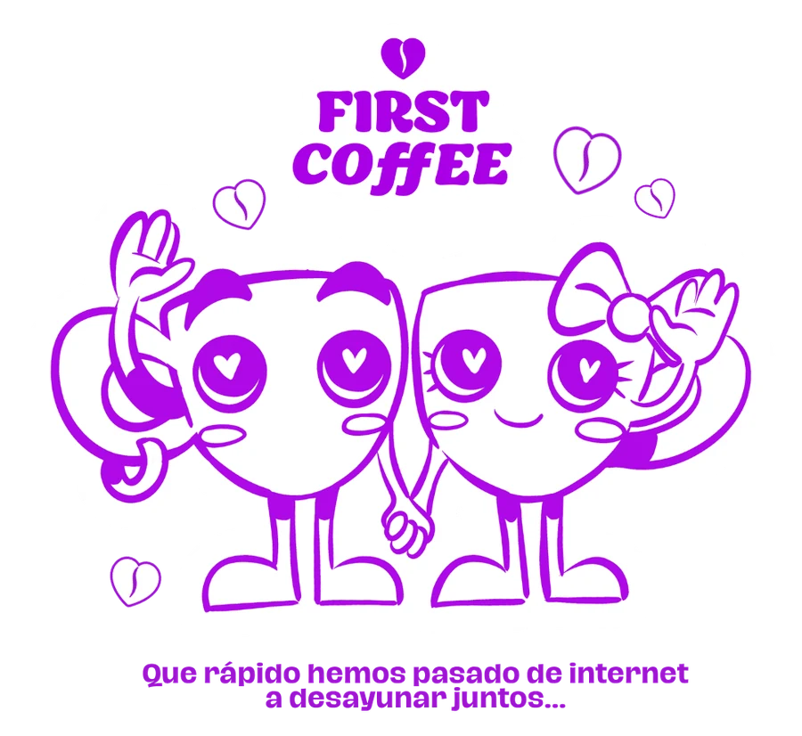 Sello de la caja de envío: los Tazis saludando bajo el logo de First Coffee y la frase «Qué rápido hemos pasado de internet a desayunar juntos…»